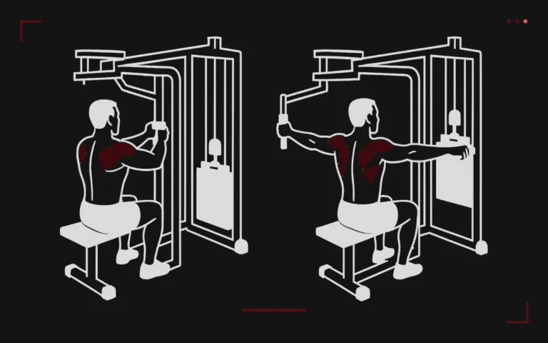 Reverse pec deck: a man seated facing the machine opening his arms, rear delts highlighted