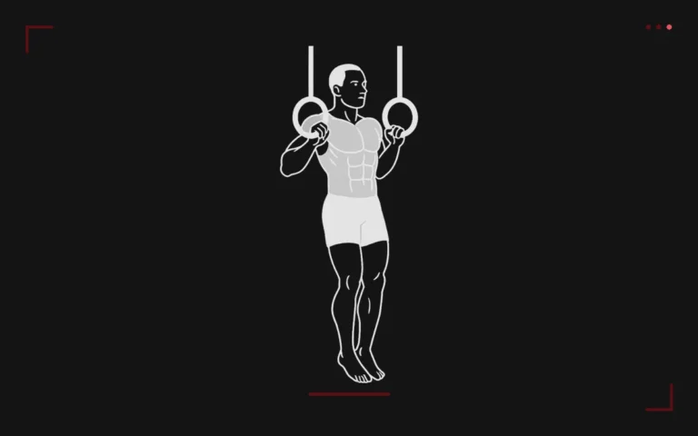 Ring muscle up: a man hanging from gymnastic rings at the top of the pull, just before the transition