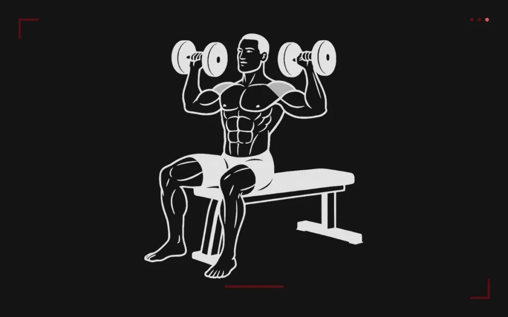 Seated dumbbell press: a man seated on a bench pressing two dumbbells overhead from shoulder height