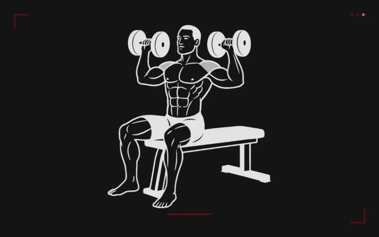 Seated dumbbell press: a man seated on a bench pressing two dumbbells overhead from shoulder height
