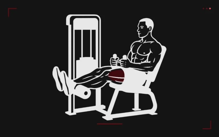 Seated leg curl machine: a man bending his legs under the pad, hamstrings highlighted