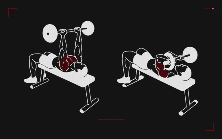 Barbell skull crusher: a man lying on a flat bench lowering the bar to his forehead, shown in two phases