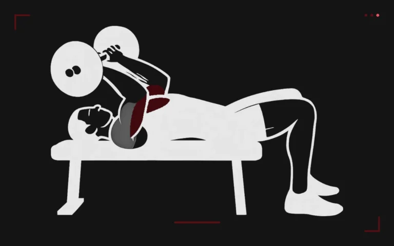 Barbell skullcrusher: a man lying on a bench lowering the bar toward his forehead, triceps highlighted