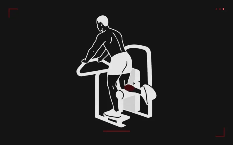 Standing leg curl machine: a man curling one leg against the pad, hamstrings highlighted