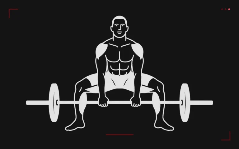 Sumo deadlift: a man in a very wide stance, hands inside his knees, gripping the barbell on the floor