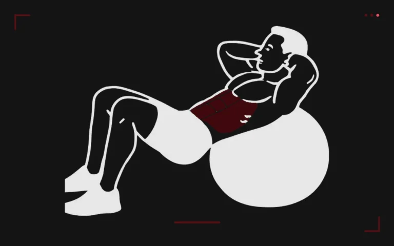 Swiss ball crunch: a man lying back on the ball, hands behind his head, abs highlighted