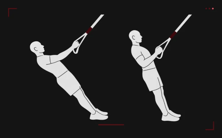TRX row: a man leaning back holding the straps, then pulled up to the handles with a braced body