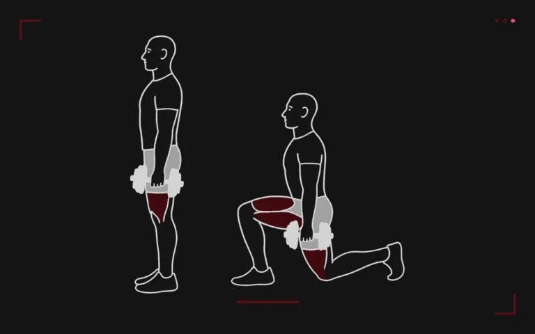 Dumbbell walking lunges: a man standing then stepping into a forward lunge, quads highlighted