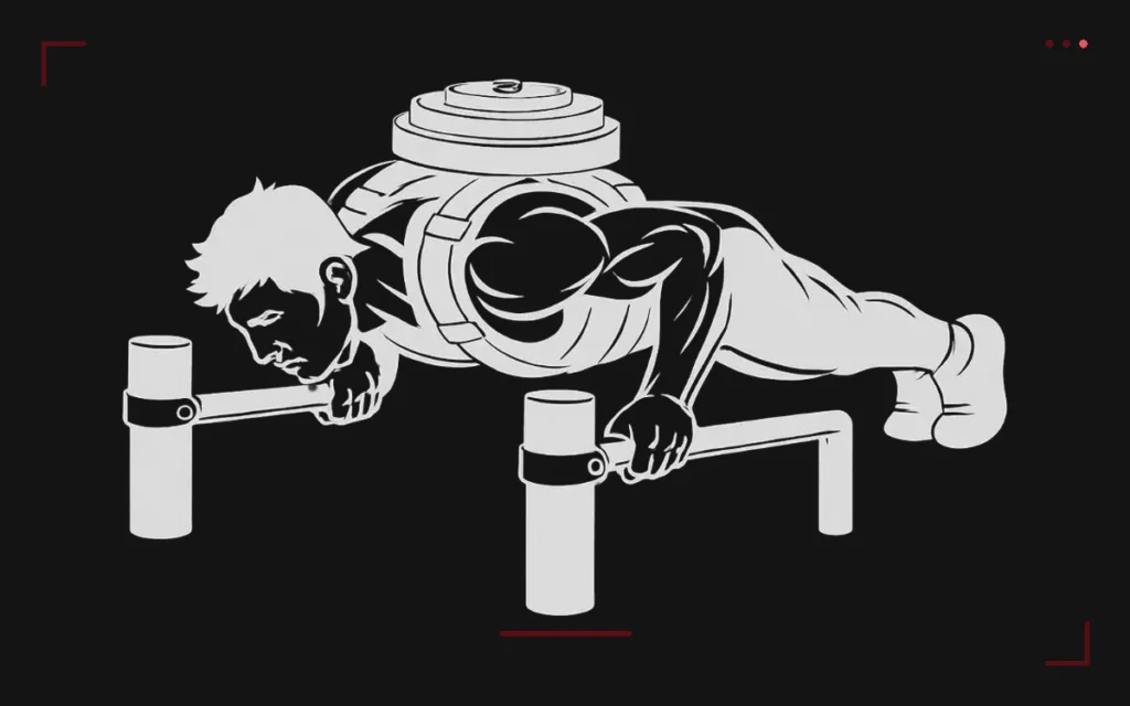 Weighted push-ups on parallettes: a man in push-up position with weight plates stacked on his back