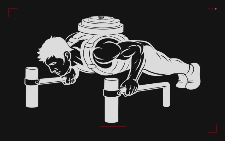 Weighted push-ups on parallettes: a man in push-up position with weight plates stacked on his back